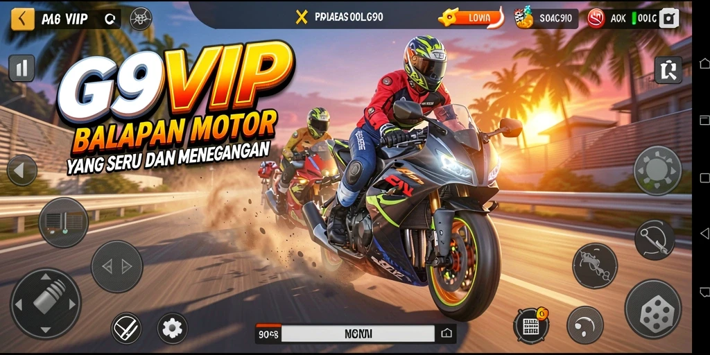 Screenshot G9VIP menampilkan aksi balapan motor yang menegangkan.