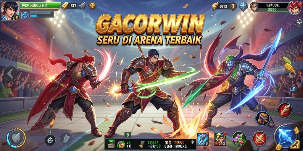 Gameplay GACORWIN dengan pertarungan seru dan karakter unik.