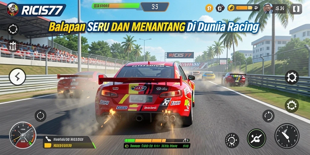Screenshot gameplay RICIS77 menampilkan mobil balap melaju kencang dalam lintasan yang menantang.