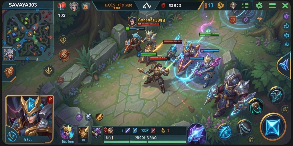 Tangkapan layar utama SAVAYA303 yang menampilkan aksi gameplay MOBA yang seru.